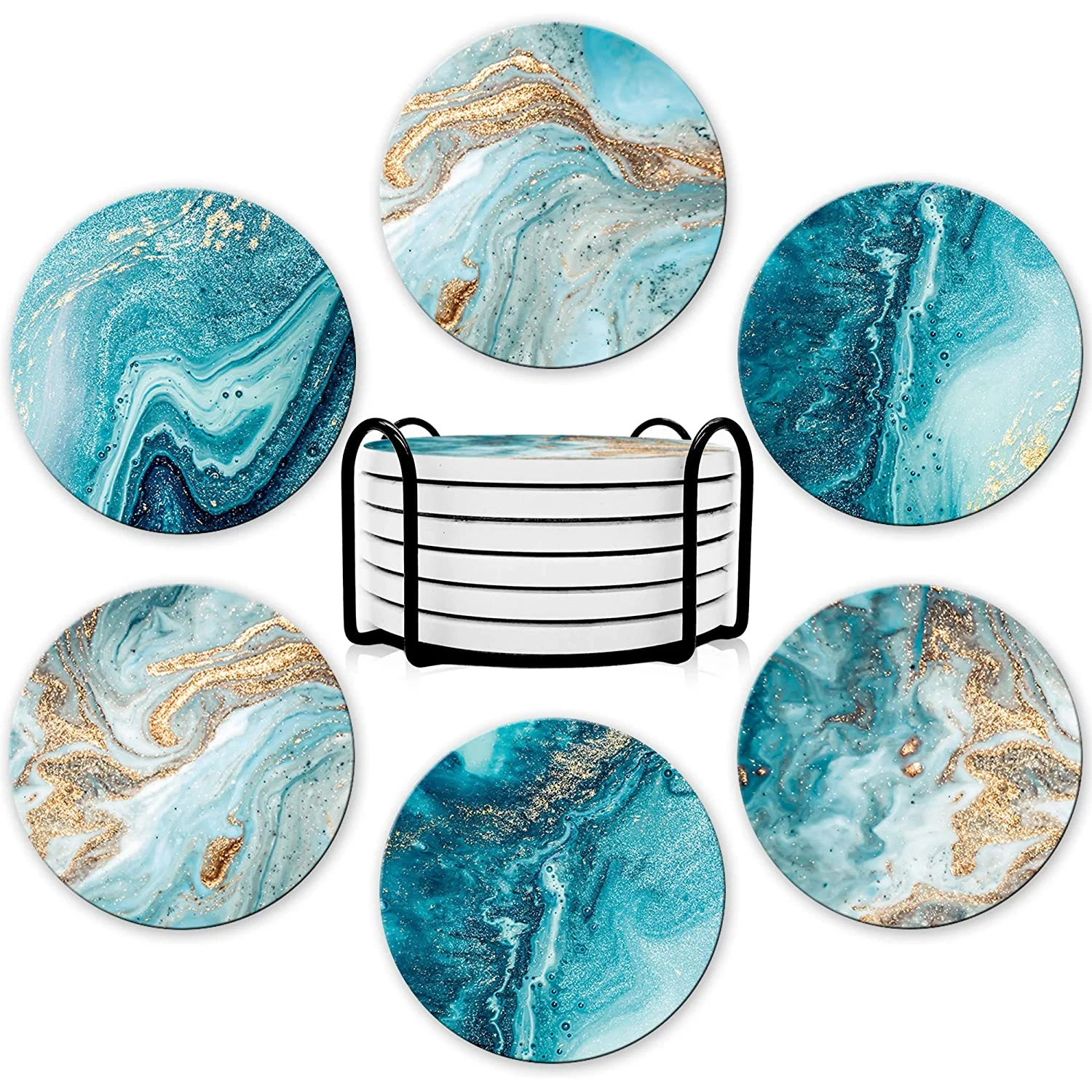 Marble Coaster Set - 6-teiliges Getränkeuntersetzer-Set mit Halterung, Marmor-Optik, Keramik-Getränkeuntersetzer