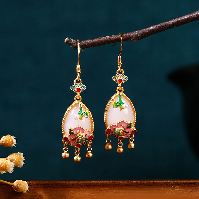 Gold Plated Jewelry - Natürliche Jade-Blumen-Ohrringe, Charm-Amulett, Designer-Echtschmuck, Vintage-Accessoires, 18K